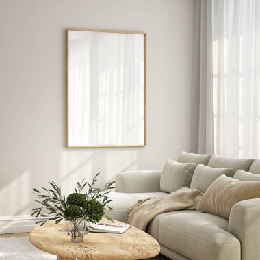 Çerçeve modeli, ISO. Kağıt boyutunda. Oturma odasının poster modeli. Evin arka planına sahip iç modeller. Modern iç tasarım. 3 Boyutlu Hazırlama