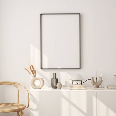 Çerçeve modeli, ISO. Kağıt boyutunda. Oturma odasının poster modeli. Evin arka planına sahip iç modeller. Modern iç tasarım. 3 Boyutlu Hazırlama