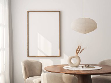 Çerçeve modeli, ISO. Kağıt boyutunda. Oturma odasının poster modeli. Evin arka planına sahip iç modeller. Modern iç tasarım. 3 Boyutlu Hazırlama