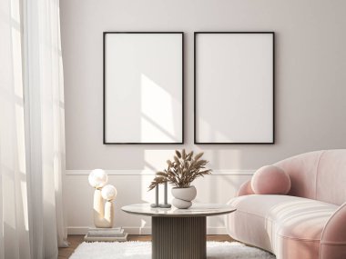 Frame mockup, ISO A paper size. Living room wall poster mockup. Interior mockup with house background. Modern interior design. 3D render clipart