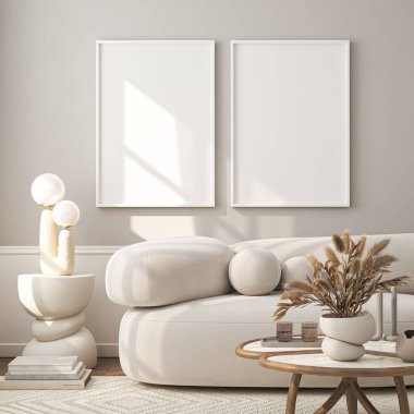 Çerçeve modeli, ISO. Kağıt boyutunda. Oturma odasının poster modeli. Evin arka planına sahip iç modeller. Modern iç tasarım. 3 Boyutlu Hazırlama