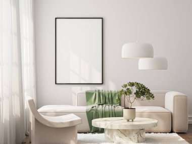 Çerçeve modeli, ISO. Kağıt boyutunda. Oturma odasının poster modeli. Evin arka planına sahip iç modeller. Modern iç tasarım. 3 Boyutlu Hazırlama