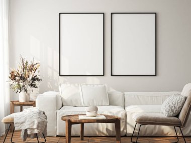 Çerçeve modeli, ISO. Kağıt boyutunda. Oturma odasının poster modeli. Evin arka planına sahip iç modeller. Modern iç tasarım. 3 Boyutlu Hazırlama