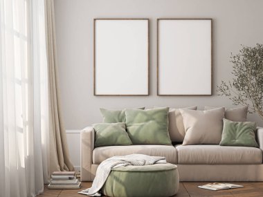 Çerçeve modeli, ISO. Kağıt boyutunda. Oturma odasının poster modeli. Evin arka planına sahip iç modeller. Modern iç tasarım. 3 Boyutlu Hazırlama