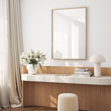 Çerçeve modeli, ISO. Kağıt boyutunda. Oturma odasının poster modeli. Evin arka planına sahip iç modeller. Modern iç tasarım. 3 Boyutlu Hazırlama