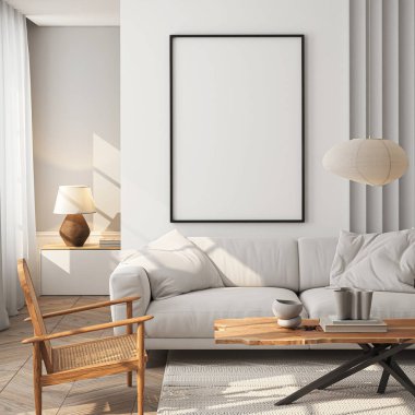 Çerçeve modeli, ISO. Kağıt boyutunda. Oturma odasının poster modeli. Evin arka planına sahip iç modeller. Modern iç tasarım. 3 Boyutlu Hazırlama