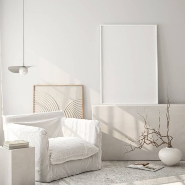 Çerçeve modeli, ISO. Kağıt boyutunda. Oturma odasının poster modeli. Evin arka planına sahip iç modeller. Modern iç tasarım. 3 Boyutlu Hazırlama