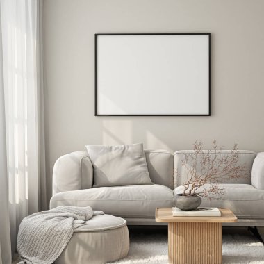 Çerçeve modeli, ISO. Kağıt boyutunda. Oturma odasının poster modeli. Evin arka planına sahip iç modeller. Modern iç tasarım. 3 Boyutlu Hazırlama