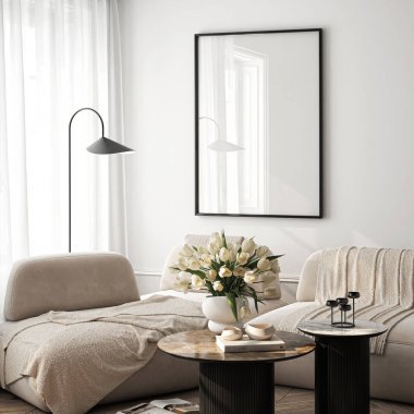 Çerçeve modeli, ISO. Kağıt boyutunda. Oturma odasının poster modeli. Evin arka planına sahip iç modeller. Modern iç tasarım. 3 Boyutlu Hazırlama