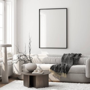Çerçeve modeli, ISO. Kağıt boyutunda. Oturma odasının poster modeli. Evin arka planına sahip iç modeller. Modern iç tasarım. 3 Boyutlu Hazırlama