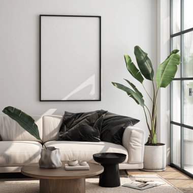 Çerçeve modeli, ISO. Kağıt boyutunda. Oturma odasının poster modeli. Evin arka planına sahip iç modeller. Modern iç tasarım. 3 Boyutlu Hazırlama