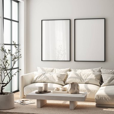 Çerçeve modeli, ISO. Kağıt boyutunda. Oturma odasının poster modeli. Evin arka planına sahip iç modeller. Modern iç tasarım. 3 Boyutlu Hazırlama