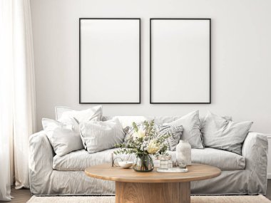 Çerçeve modeli, ISO. Kağıt boyutunda. Oturma odasının poster modeli. Evin arka planına sahip iç modeller. Modern iç tasarım. 3 Boyutlu Hazırlama