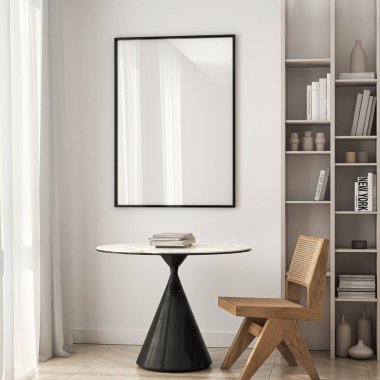 Çerçeve modeli, ISO. Kağıt boyutunda. Oturma odasının poster modeli. Evin arka planına sahip iç modeller. Modern iç tasarım. 3 Boyutlu Hazırlama