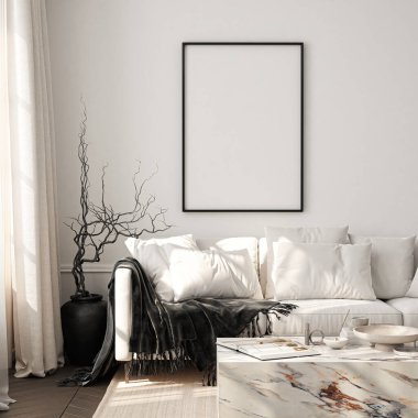 Çerçeve modeli, ISO. Kağıt boyutunda. Oturma odasının poster modeli. Evin arka planına sahip iç modeller. Modern iç tasarım. 3 Boyutlu Hazırlama