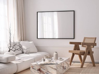 Çerçeve modeli, ISO. Kağıt boyutunda. Oturma odasının poster modeli. Evin arka planına sahip iç modeller. Modern iç tasarım. 3 Boyutlu Hazırlama