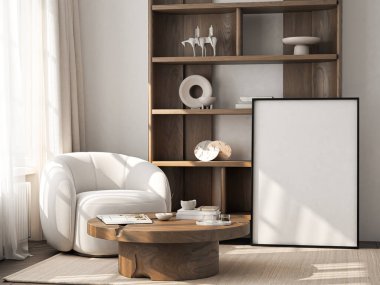 Çerçeve modeli, ISO. Kağıt boyutunda. Oturma odasının poster modeli. Evin arka planına sahip iç modeller. Modern iç tasarım. 3 Boyutlu Hazırlama