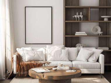 Çerçeve modeli, ISO. Kağıt boyutunda. Oturma odasının poster modeli. Evin arka planına sahip iç modeller. Modern iç tasarım. 3 Boyutlu Hazırlama