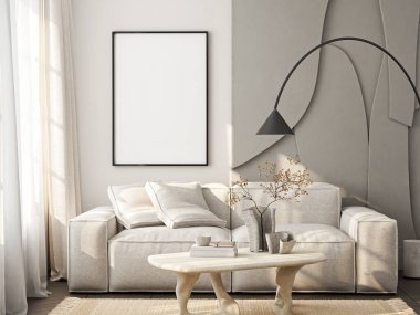 Çerçeve modeli, ISO. Kağıt boyutunda. Oturma odasının poster modeli. Evin arka planına sahip iç modeller. Modern iç tasarım. 3 Boyutlu Hazırlama