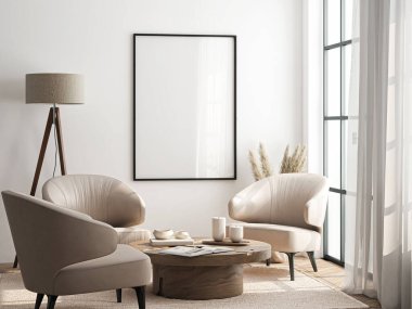 Çerçeve modeli, ISO. Kağıt boyutunda. Oturma odasının poster modeli. Evin arka planına sahip iç modeller. Modern iç tasarım. 3 Boyutlu Hazırlama