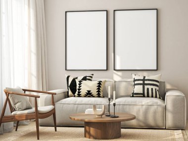 Çerçeve modeli, ISO. Kağıt boyutunda. Oturma odasının poster modeli. Evin arka planına sahip iç modeller. Modern iç tasarım. 3 Boyutlu Hazırlama