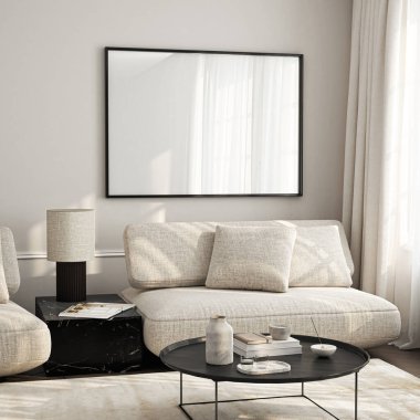 Çerçeve modeli, ISO. Kağıt boyutunda. Oturma odasının poster modeli. Evin arka planına sahip iç modeller. Modern iç tasarım. 3 Boyutlu Hazırlama