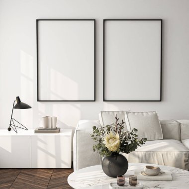 Çerçeve modeli, ISO. Kağıt boyutunda. Oturma odasının poster modeli. Evin arka planına sahip iç modeller. Modern iç tasarım. 3 Boyutlu Hazırlama