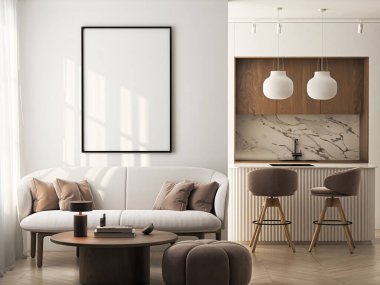 Çerçeve modeli, ISO. Kağıt boyutunda. Oturma odasının poster modeli. Evin arka planına sahip iç modeller. Modern iç tasarım. 3 Boyutlu Hazırlama