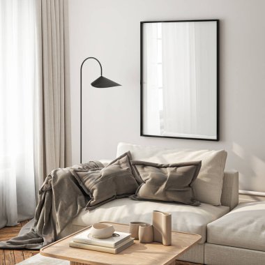 Çerçeve modeli, ISO. Kağıt boyutunda. Oturma odasının poster modeli. Evin arka planına sahip iç modeller. Modern iç tasarım. 3 Boyutlu Hazırlama