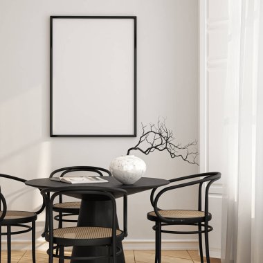 Çerçeve modeli, ISO. Kağıt boyutunda. Oturma odasının poster modeli. Evin arka planına sahip iç modeller. Modern iç tasarım. 3 Boyutlu Hazırlama