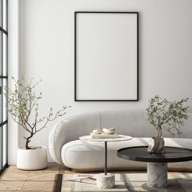 Çerçeve modeli, ISO. Kağıt boyutunda. Oturma odasının poster modeli. Evin arka planına sahip iç modeller. Modern iç tasarım. 3 Boyutlu Hazırlama