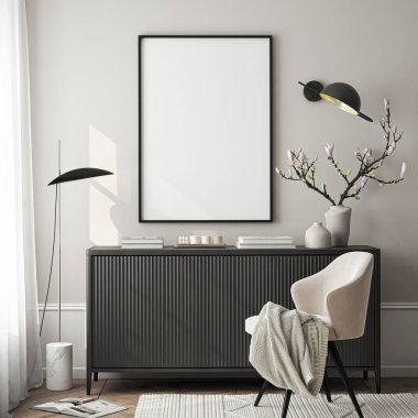 Çerçeve modeli, ISO. Kağıt boyutunda. Oturma odasının poster modeli. Evin arka planına sahip iç modeller. Modern iç tasarım. 3 Boyutlu Hazırlama