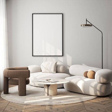 Çerçeve modeli, ISO. Kağıt boyutunda. Oturma odasının poster modeli. Evin arka planına sahip iç modeller. Modern iç tasarım. 3 Boyutlu Hazırlama