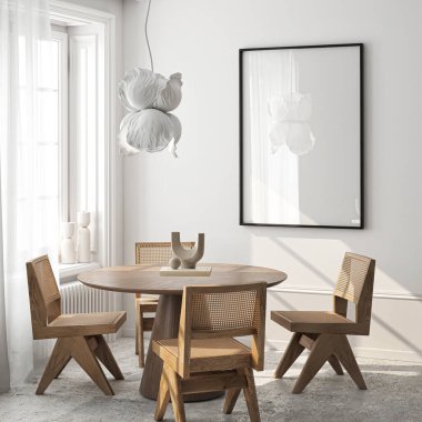 Çerçeve modeli, ISO. Kağıt boyutunda. Oturma odasının poster modeli. Evin arka planına sahip iç modeller. Modern iç tasarım. 3 Boyutlu Hazırlama