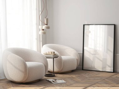 Çerçeve modeli, ISO. Kağıt boyutunda. Oturma odasının poster modeli. Evin arka planına sahip iç modeller. Modern iç tasarım. 3 Boyutlu Hazırlama