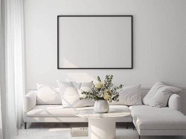 Çerçeve modeli, ISO. Kağıt boyutunda. Oturma odasının poster modeli. Evin arka planına sahip iç modeller. Modern iç tasarım. 3 Boyutlu Hazırlama