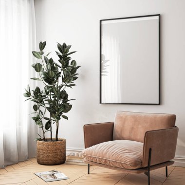 Çerçeve modeli, ISO. Kağıt boyutunda. Oturma odasının poster modeli. Evin arka planına sahip iç modeller. Modern iç tasarım. 3 Boyutlu Hazırlama