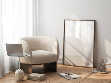 Çerçeve modeli, ISO. Kağıt boyutunda. Oturma odasının poster modeli. Evin arka planına sahip iç modeller. Modern iç tasarım. 3 Boyutlu Hazırlama