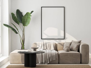 Çerçeve modeli, ISO. Kağıt boyutunda. Oturma odasının poster modeli. Evin arka planına sahip iç modeller. Modern iç tasarım. 3 Boyutlu Hazırlama