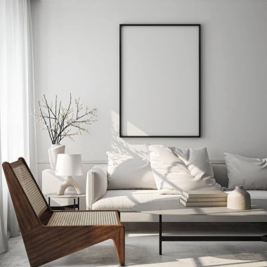 Çerçeve modeli, ISO. Kağıt boyutunda. Oturma odasının poster modeli. Evin arka planına sahip iç modeller. Modern iç tasarım. 3 Boyutlu Hazırlama