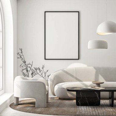 Çerçeve modeli, ISO. Kağıt boyutunda. Oturma odasının poster modeli. Evin arka planına sahip iç modeller. Modern iç tasarım. 3 Boyutlu Hazırlama