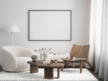 Çerçeve modeli, ISO. Kağıt boyutunda. Oturma odasının poster modeli. Evin arka planına sahip iç modeller. Modern iç tasarım. 3 Boyutlu Hazırlama