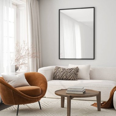 Çerçeve modeli, ISO. Kağıt boyutunda. Oturma odasının poster modeli. Evin arka planına sahip iç modeller. Modern iç tasarım. 3 Boyutlu Hazırlama