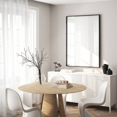 Çerçeve modeli, ISO. Kağıt boyutunda. Oturma odasının poster modeli. Evin arka planına sahip iç modeller. Modern iç tasarım. 3 Boyutlu Hazırlama