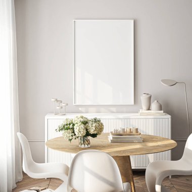 Çerçeve modeli, ISO. Kağıt boyutunda. Oturma odasının poster modeli. Evin arka planına sahip iç modeller. Modern iç tasarım. 3 Boyutlu Hazırlama