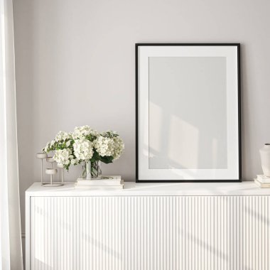 Çerçeve modeli, ISO. Kağıt boyutunda. Oturma odasının poster modeli. Evin arka planına sahip iç modeller. Modern iç tasarım. 3 Boyutlu Hazırlama