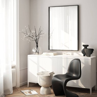 Çerçeve modeli, ISO. Kağıt boyutunda. Oturma odasının poster modeli. Evin arka planına sahip iç modeller. Modern iç tasarım. 3 Boyutlu Hazırlama