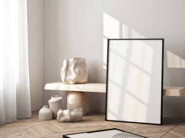 Çerçeve modeli, ISO. Kağıt boyutunda. Oturma odasının poster modeli. Evin arka planına sahip iç modeller. Modern iç tasarım. 3 Boyutlu Hazırlama