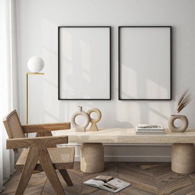 Çerçeve modeli, ISO. Kağıt boyutunda. Oturma odasının poster modeli. Evin arka planına sahip iç modeller. Modern iç tasarım. 3 Boyutlu Hazırlama