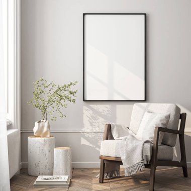 Çerçeve modeli, ISO. Kağıt boyutunda. Oturma odasının poster modeli. Evin arka planına sahip iç modeller. Modern iç tasarım. 3 Boyutlu Hazırlama